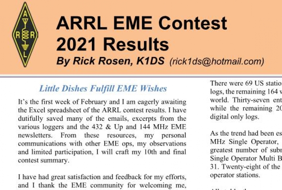 Konečné výsledky ARRL EME 2021 s komentářem od K1DS